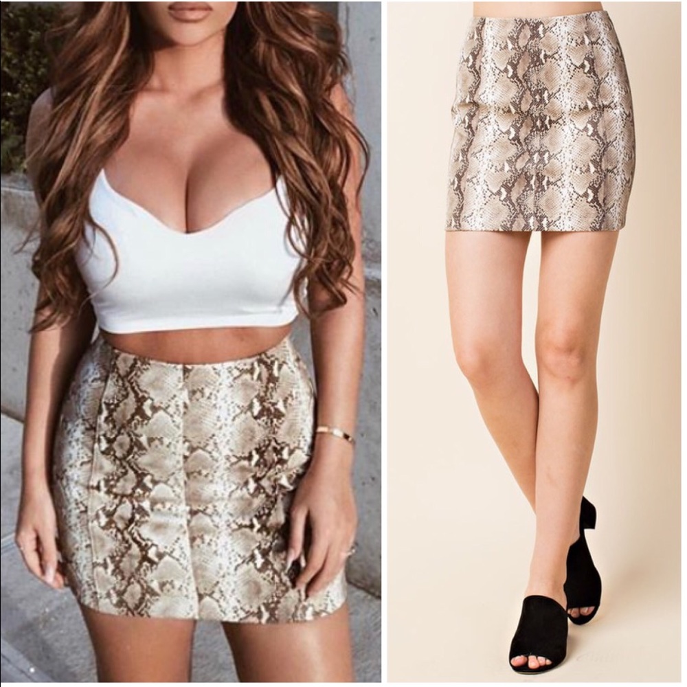 Nude Snake Print Faux Leather Mini Skirt